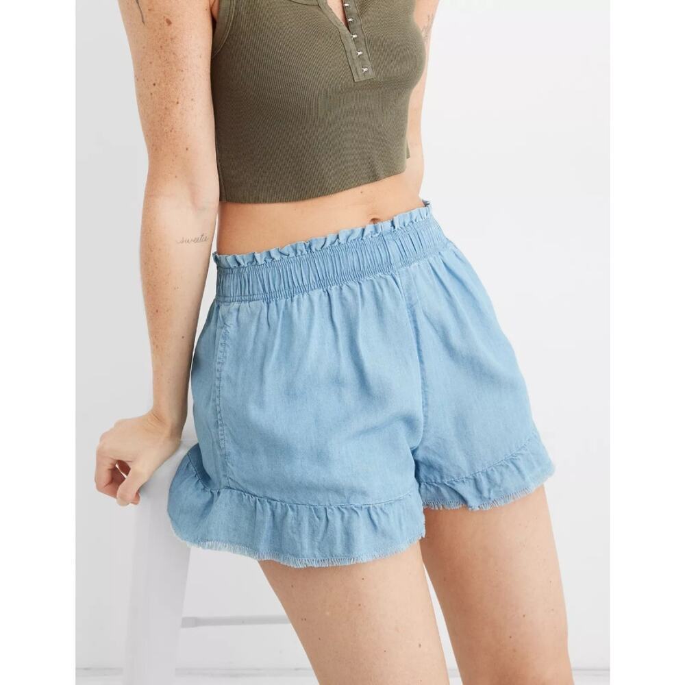 Aerie High Waisted Ruffle Shorts Pull On Blue Chambray Lyocell Casual Size XL